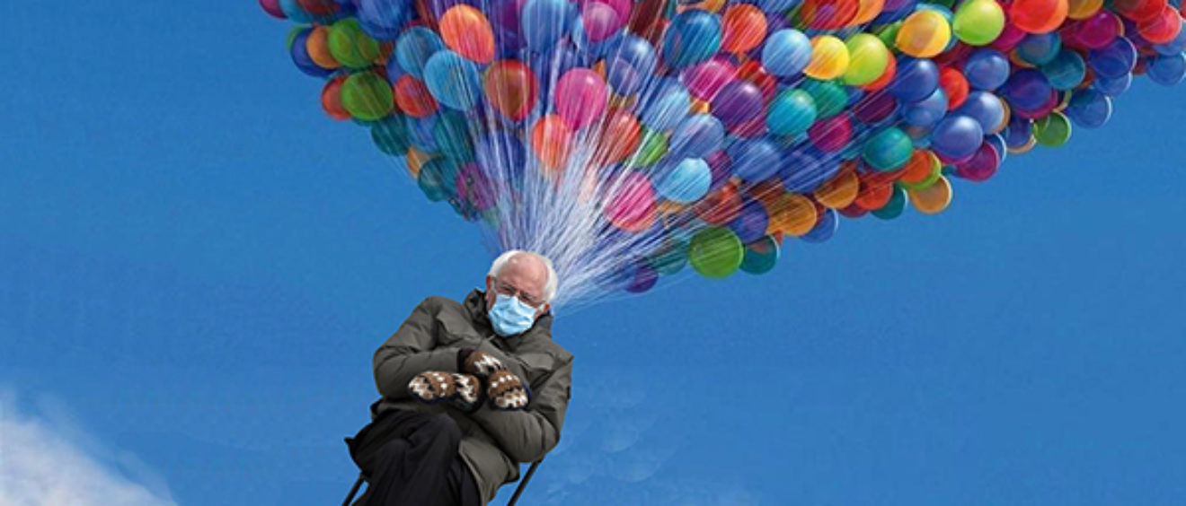 photo of Bernie Sanders wearing mittens seated in a chair being lifted up into blue sky by huge bunch of multicolored balloons