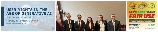 Banner advertising "User Rights in the Age of Generative AI" panel event, photo of panelists, and Taco themed pop-up event promo flyer.